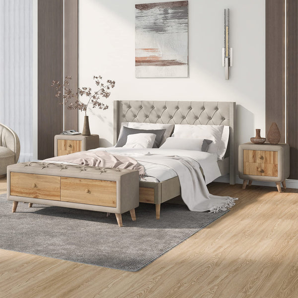 4 Pieces Bedroom Furniture Set, Queen Size Upholstered Bed with Storage Bench and 2 Nightstands