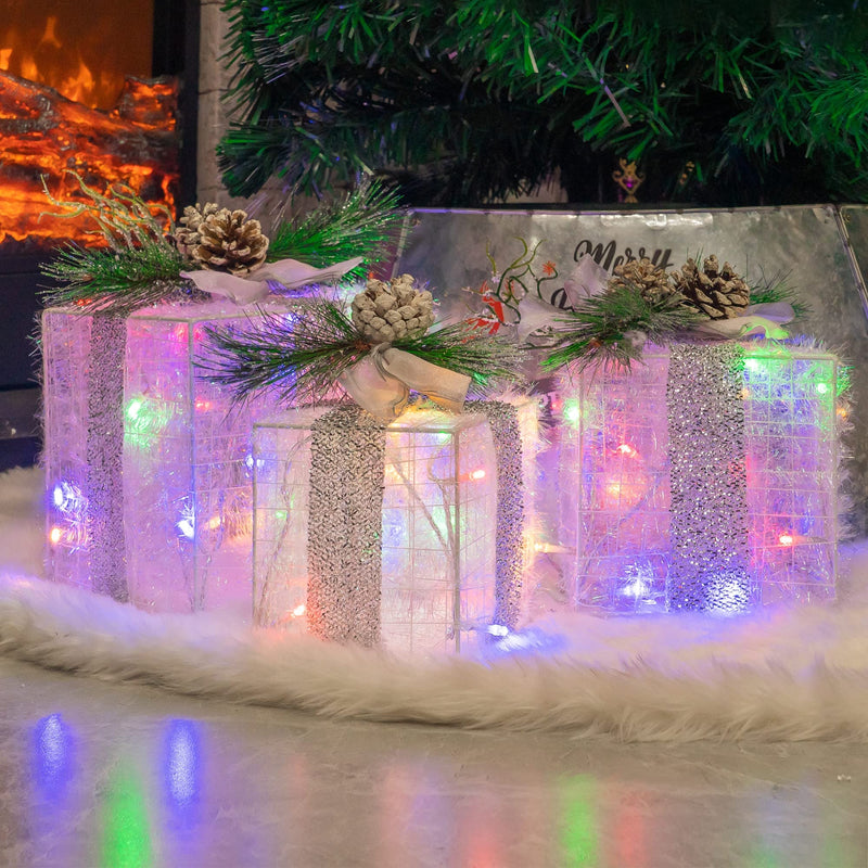Set of 3 Christmas Lighted Gift Boxes, Plug in 60 LED Light Up Tinsel Present Box