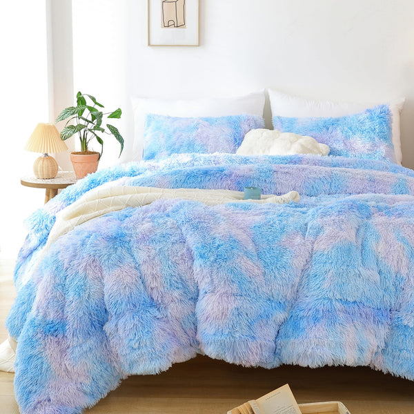 Faux Fur Comforter Queen Comforter Set Plush Comforter Tie-Dyed Colorful Blue