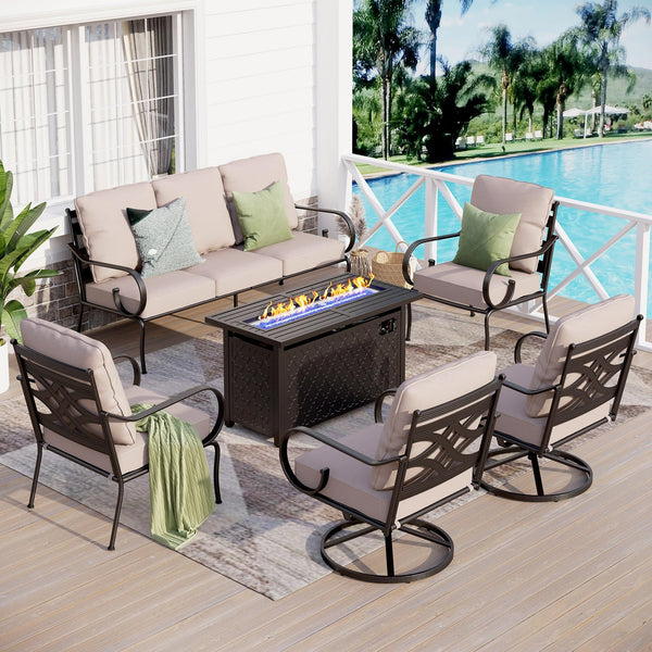 Oversized Patio Furniture Set with Fire Pit Table, 6 Piece Outdoor Metal Conversation Sets