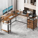 Reversible Computer Desk with Power Outlets & File Cabinet, L Shaped Desk