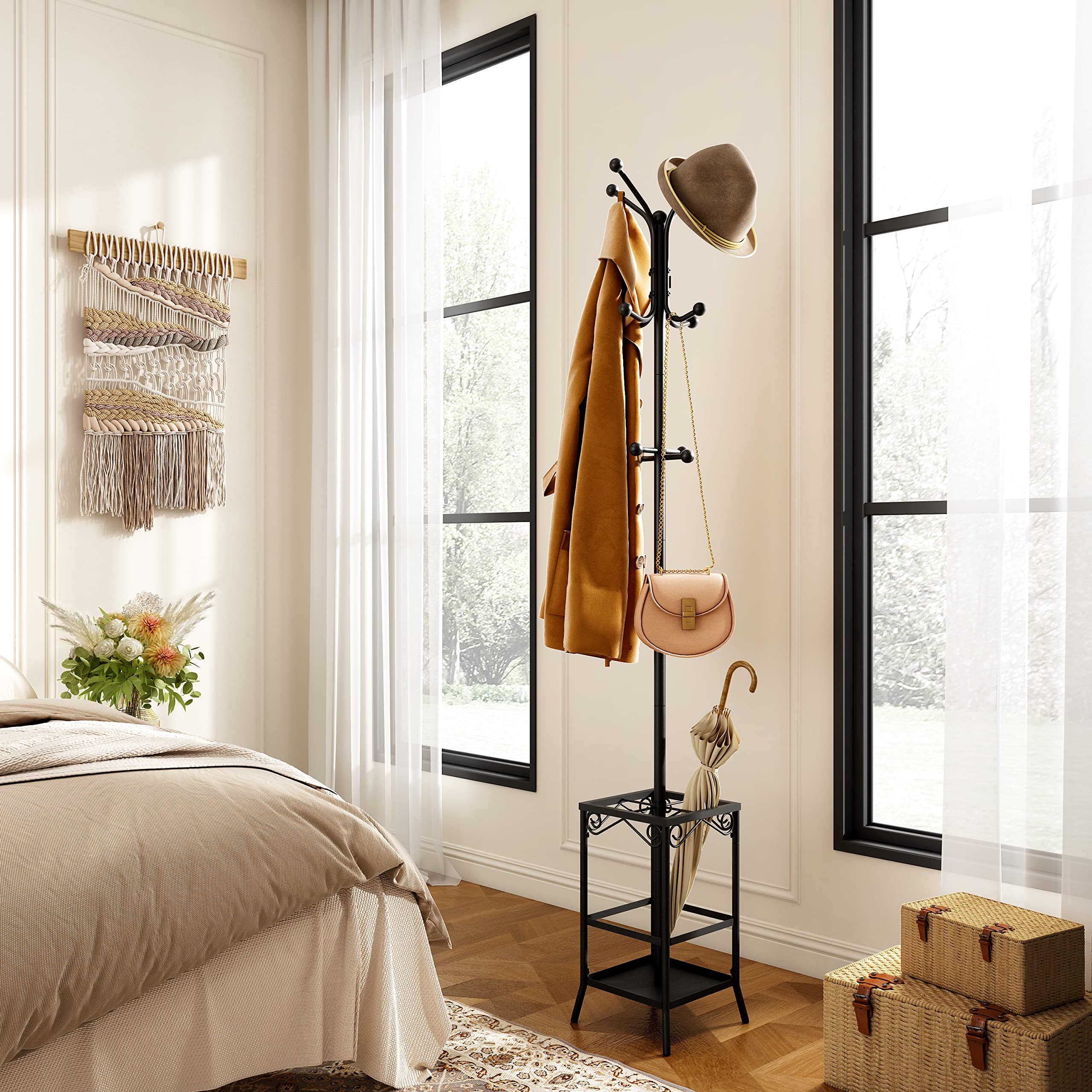Coat Rack Freestanding, Entryway Coat Hanger Stand, Umbrella Holder