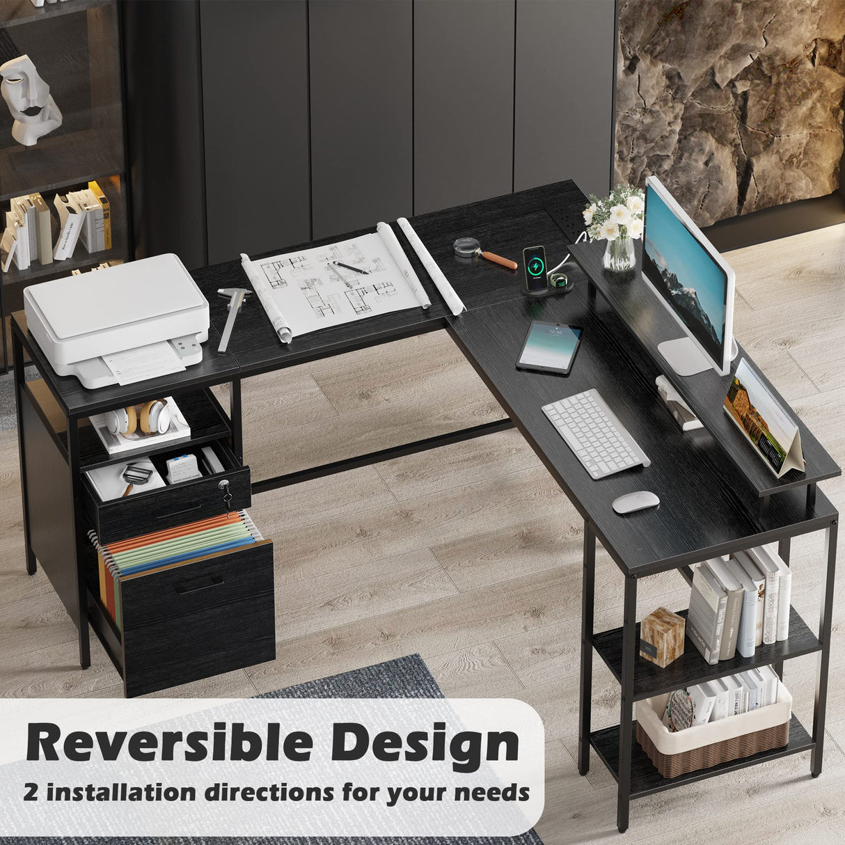 Reversible Computer Desk with Power Outlets & File Cabinet