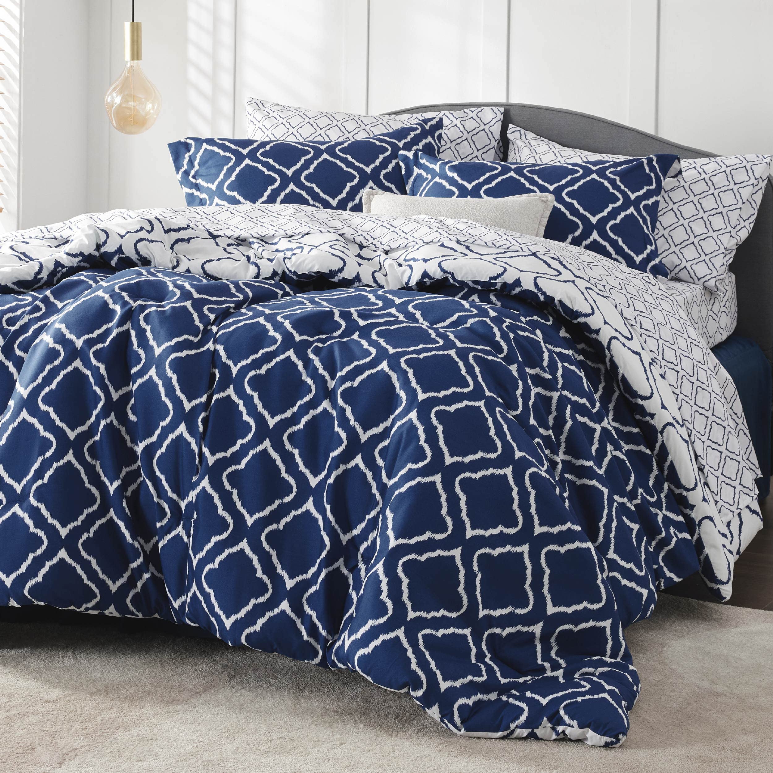 Navy Blue Quatrefoil Comforters Queen Size