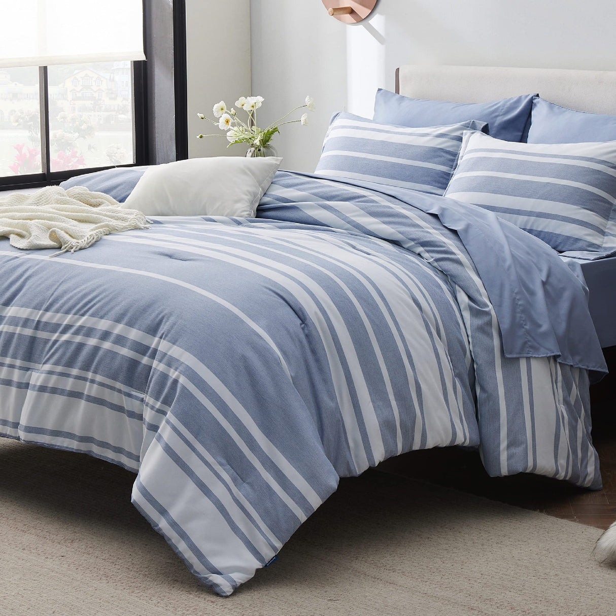 Bedding Sets Queen 7 Pieces, Striped Blue Comforter Set Queen