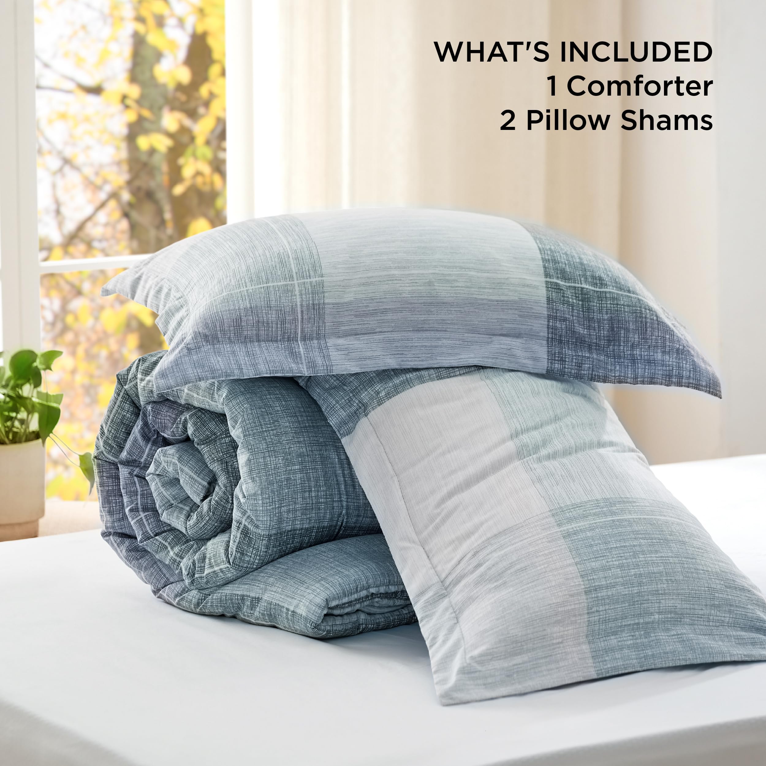 Plaid Comforter Set - Bedding Comforter Set Queen, Reversible Blue Buffalo