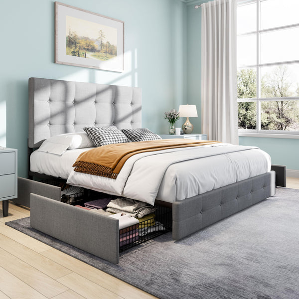 Upholstered Queen Platform Bed Frame with Adjustable Headboard and 4 Drawers Under