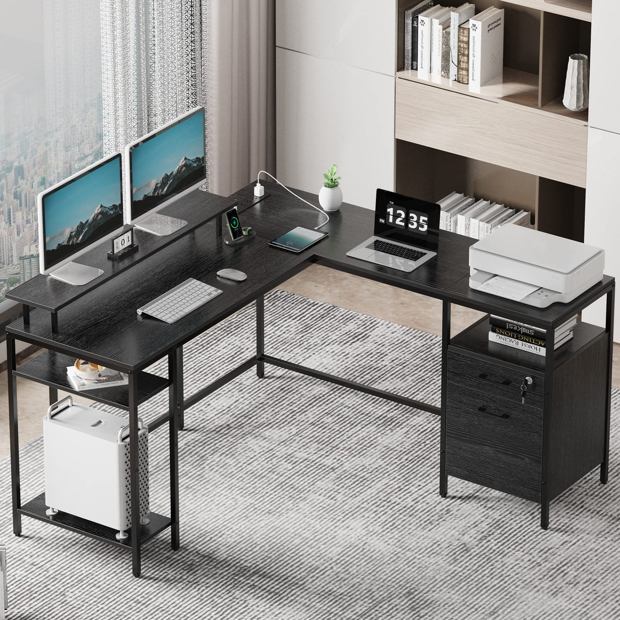 Reversible Computer Desk with Power Outlets & File Cabinet