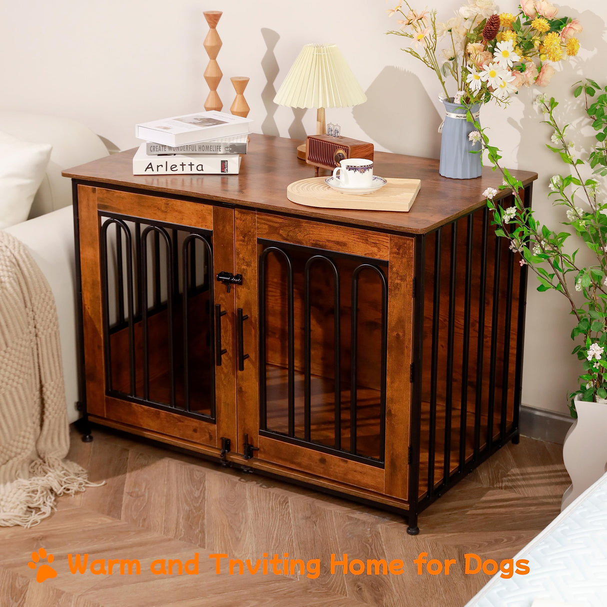 Dog Crate Furniture, 39.37" Double Doors Wooden Dog Kennel End Table, Indoor Dog House