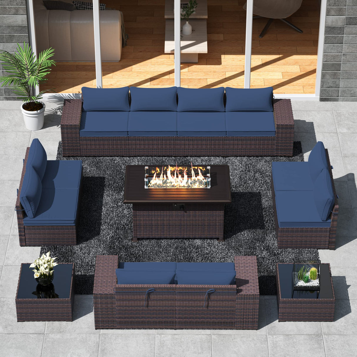 Outdoor Patio Furniture Set with Gas Fire Pit Table, 13 Pieces Patio Sectional Sofa