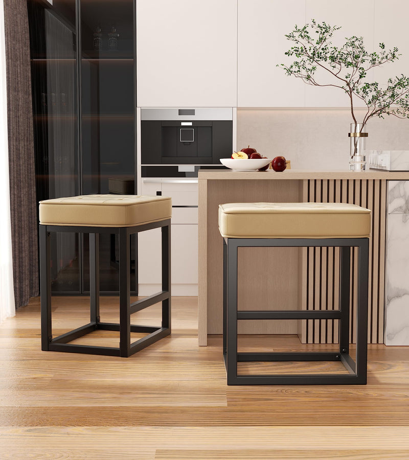 24" Bar Stools Set of 2 Modern Counter Height Pu Leather Metal Backless