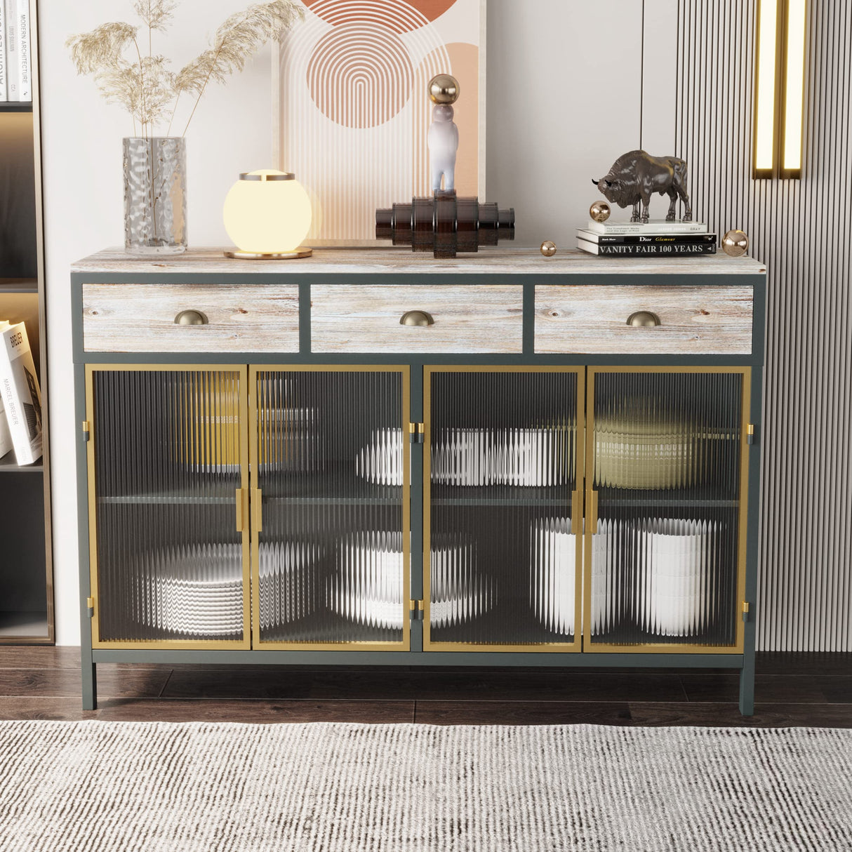 Home Furniture Series Modern Sideboard Storage with 4 Glass Doors