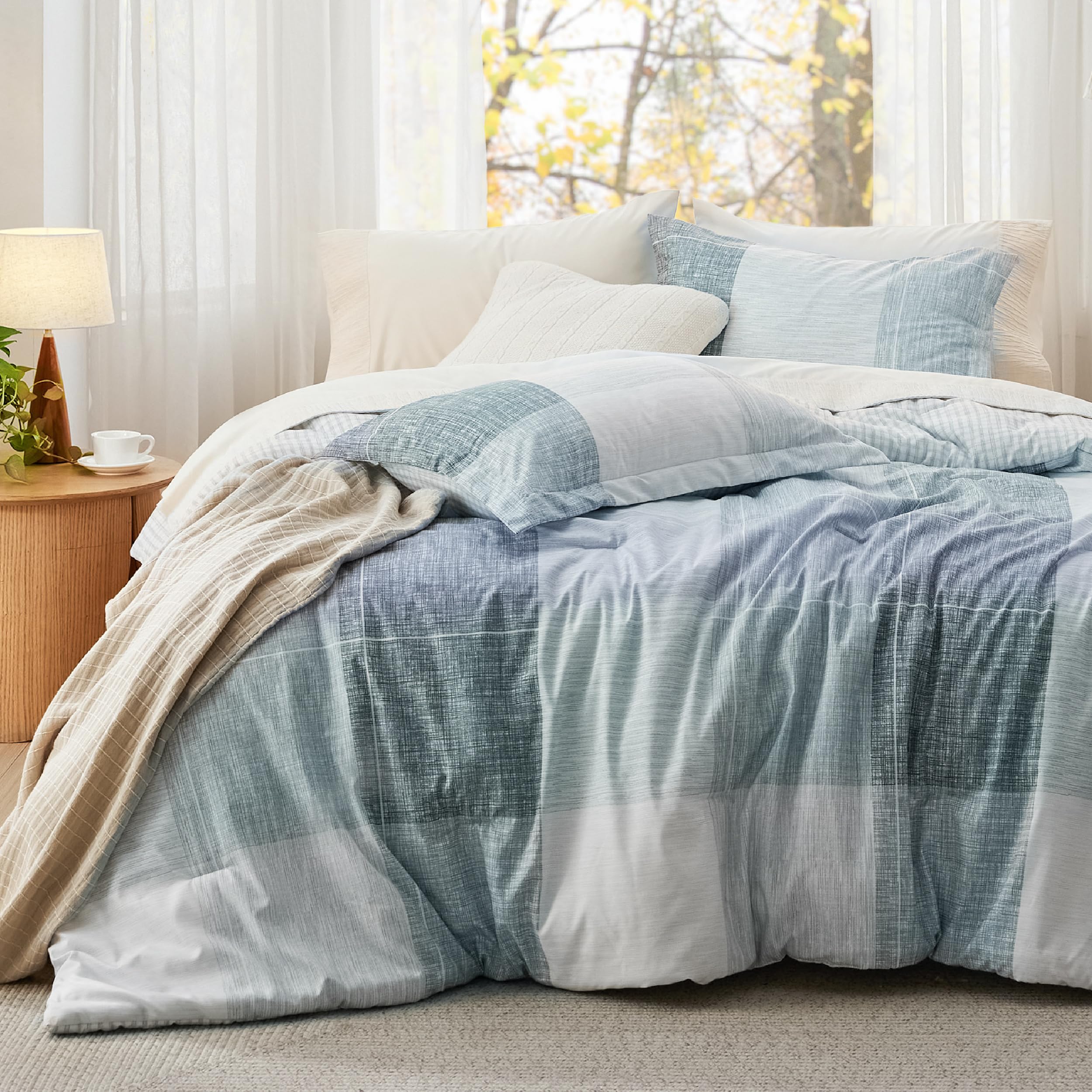 Plaid Comforter Set - Bedding Comforter Set Queen, Reversible Blue Buffalo