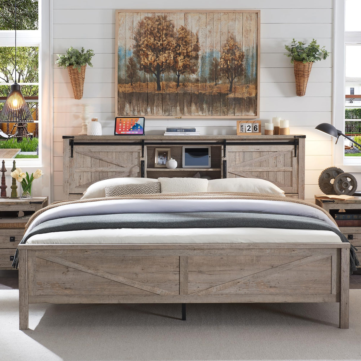 Farmhouse Queen Size Bed Frame with Storage Bookcase Headboard with Sliding Barn