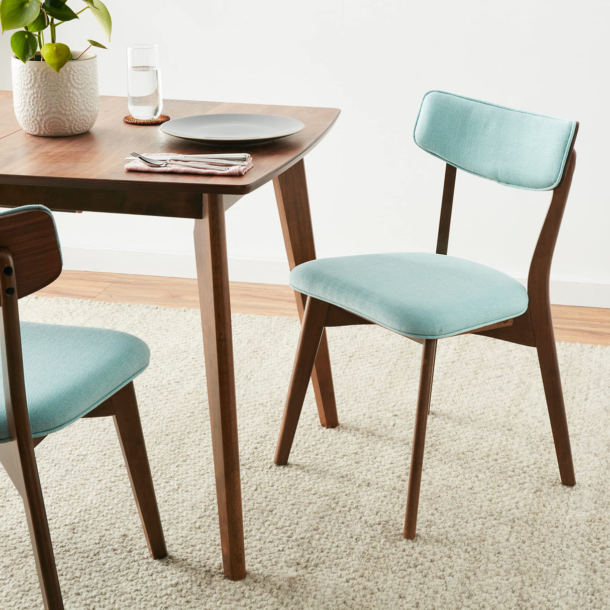 Abrielle Mid-Century Modern Fabric Dining Chairs with Natural Walnut