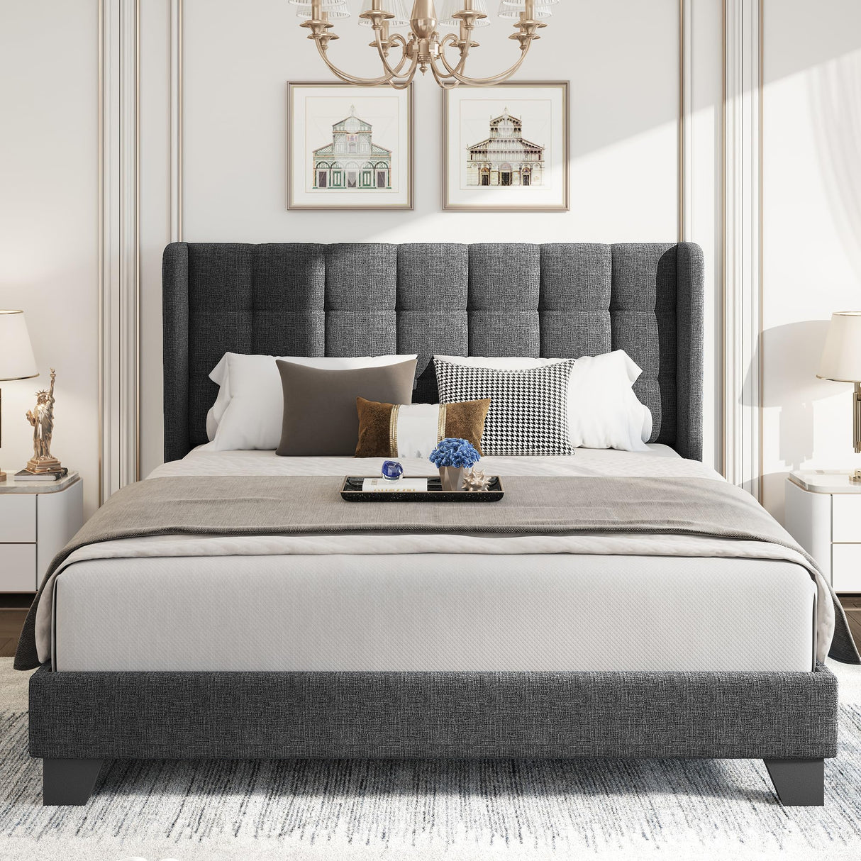 Queen Size Wingback Upholstered Platform Bed Frame