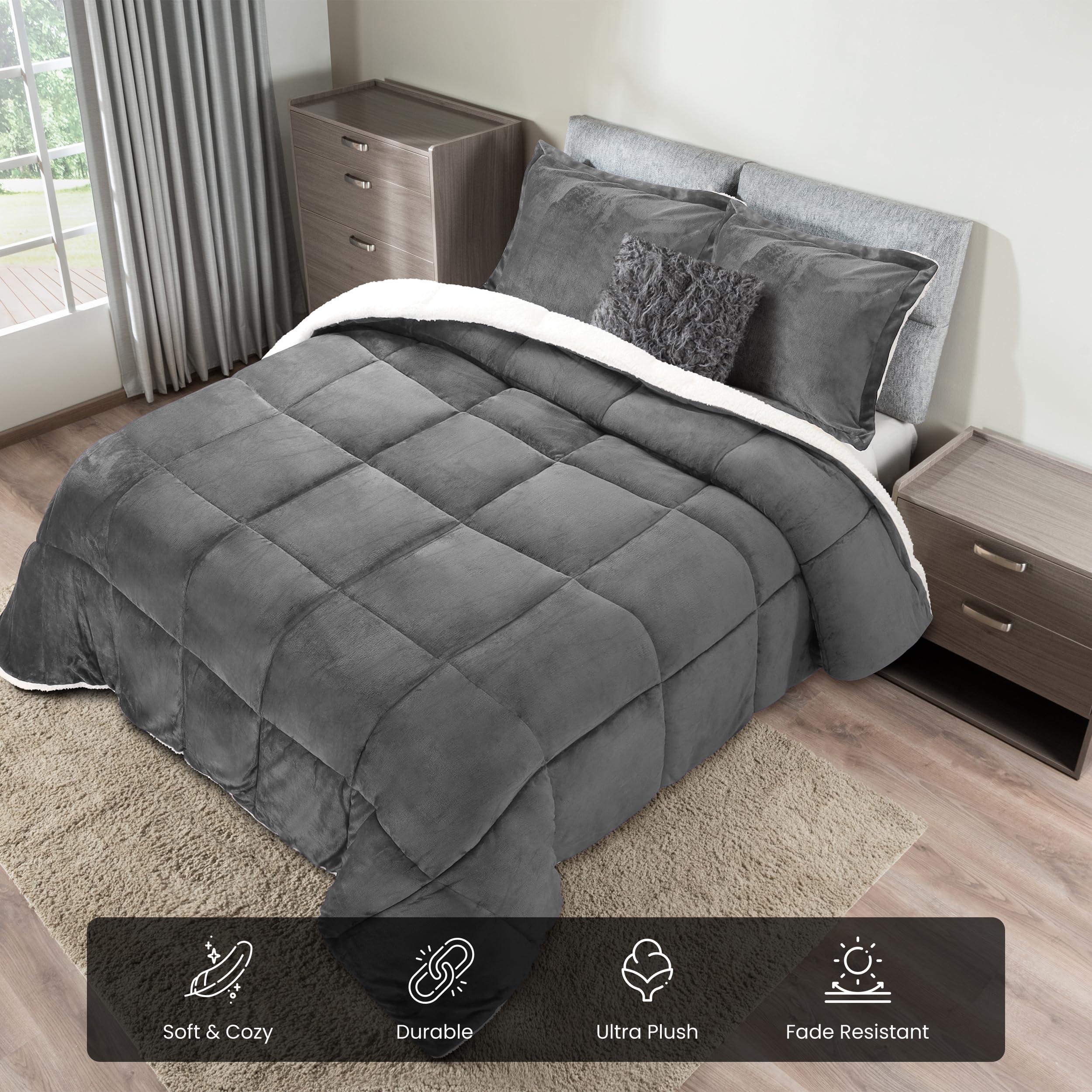 Micromink Sherpa Fleece Queen Comforter Set with 2 Pillow Shams