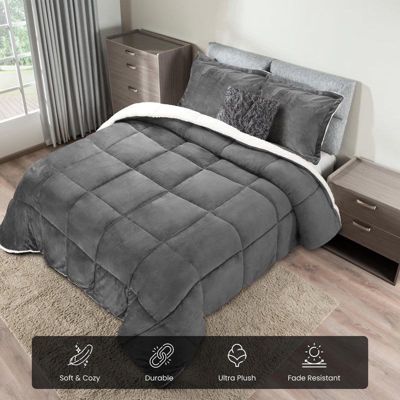 Micromink Sherpa Fleece Queen Comforter Set with 2 Pillow Shams, Plush