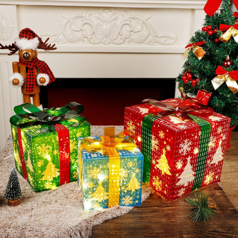 Set of 3 Lighted Gift Boxes Christmas Decorations, 60 LED Lighted Snowflake Christmas Tree