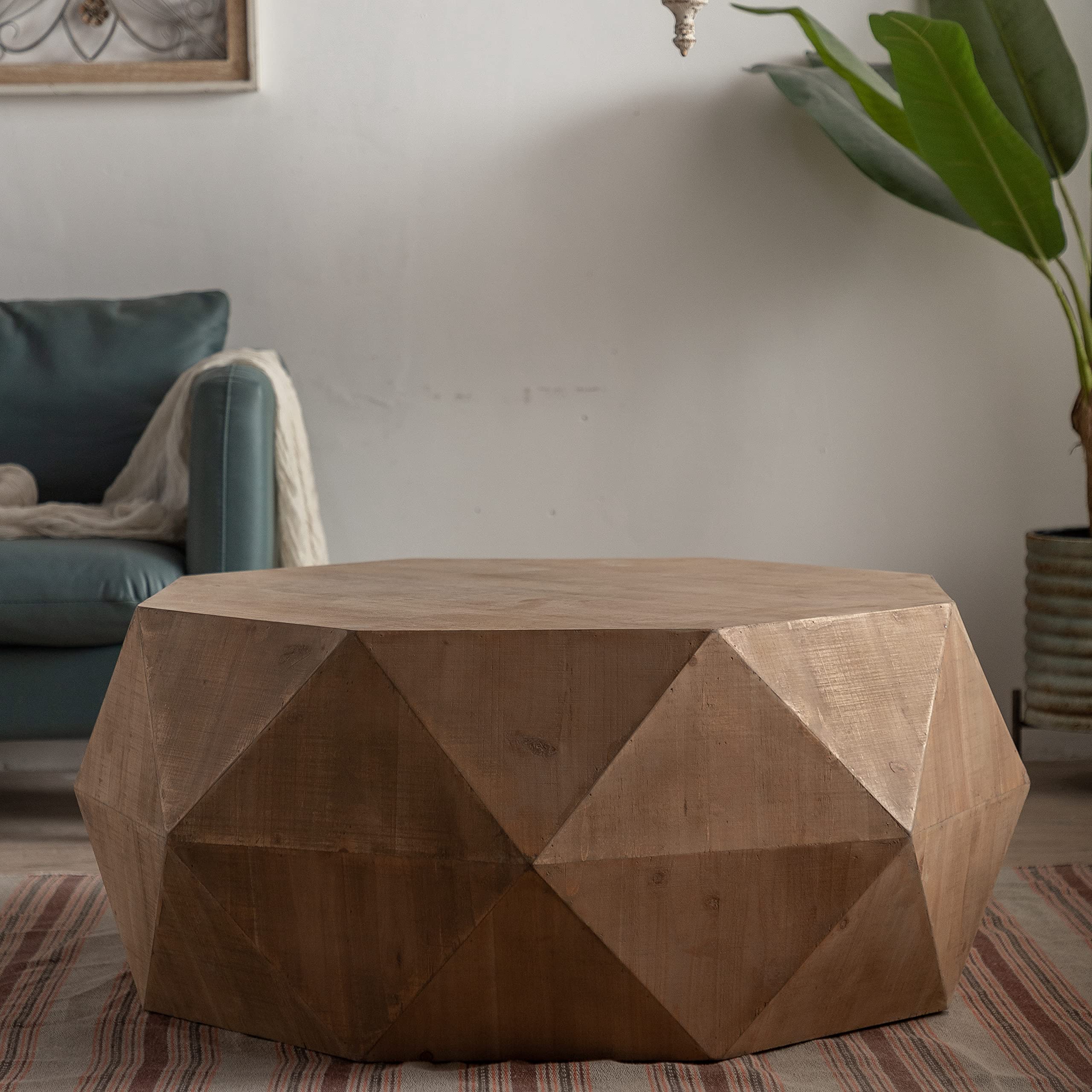 38'' Drum Coffee Table Farmhouse Coffee Table for Living Room, Modern Retro Round Wood Coffee Table