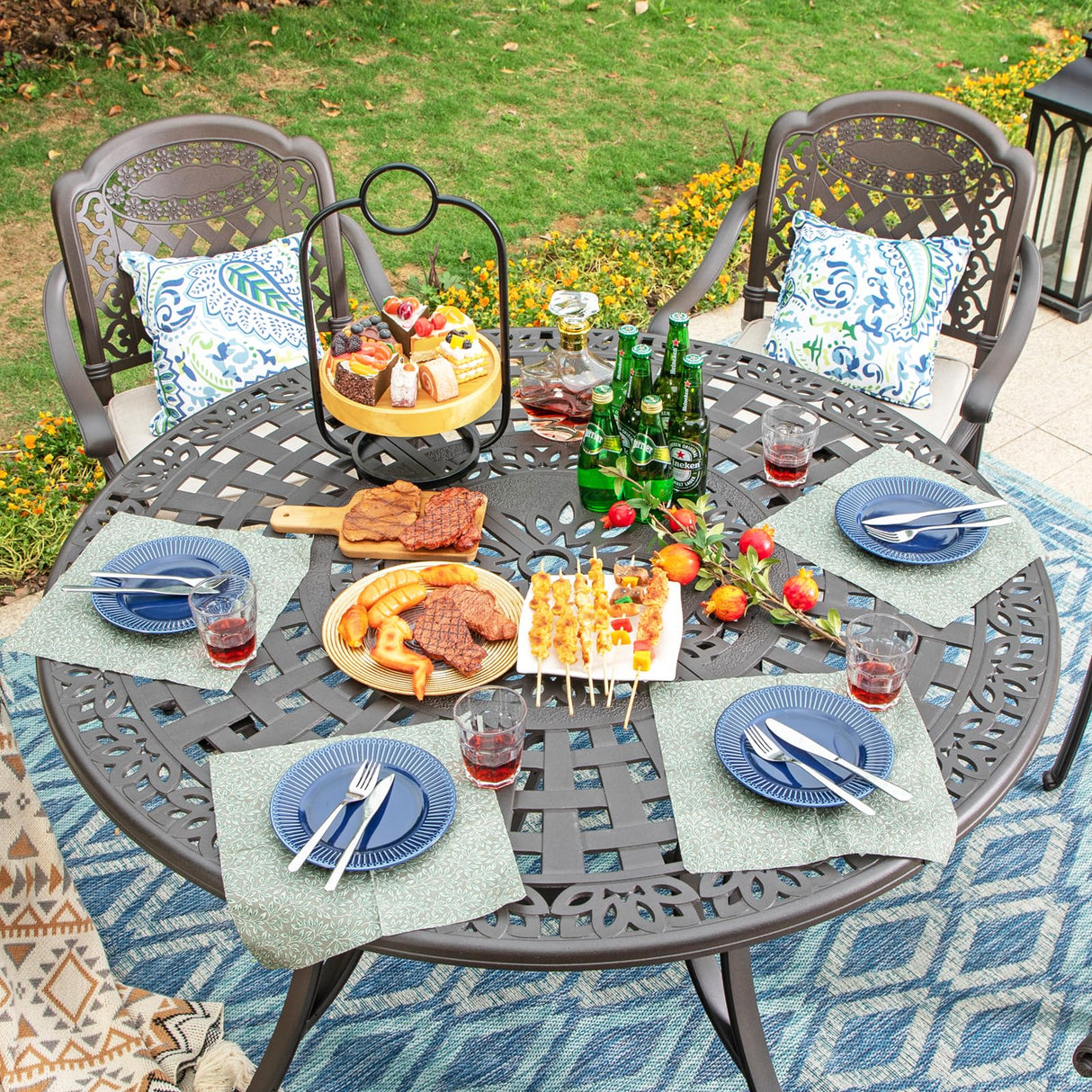 6-Person Round Cast Aluminium Outdoor Dining Table, Patio Bistro Table