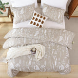 Queen Floral 3 PCS Bedding Sets Oatmeal Plant Flowers Printed on Fluffy Comforter