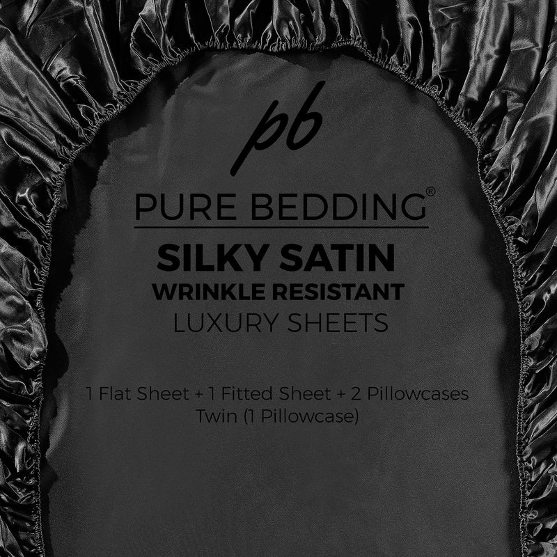 Satin Sheets Queen 4-Piece, Black Hotel Luxury Silky Bed Sheets