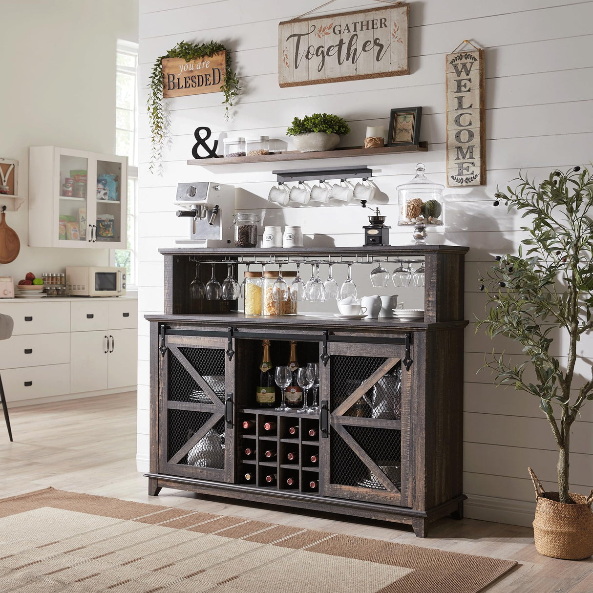 Coffee Bar Cabinet with Storage, 55" Farmhouse Kitchen Buffet Sideboard