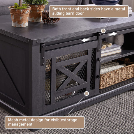 Rustic Center Table with Dual Side Sliding Barn Doors and Storage Cabinets Shelves