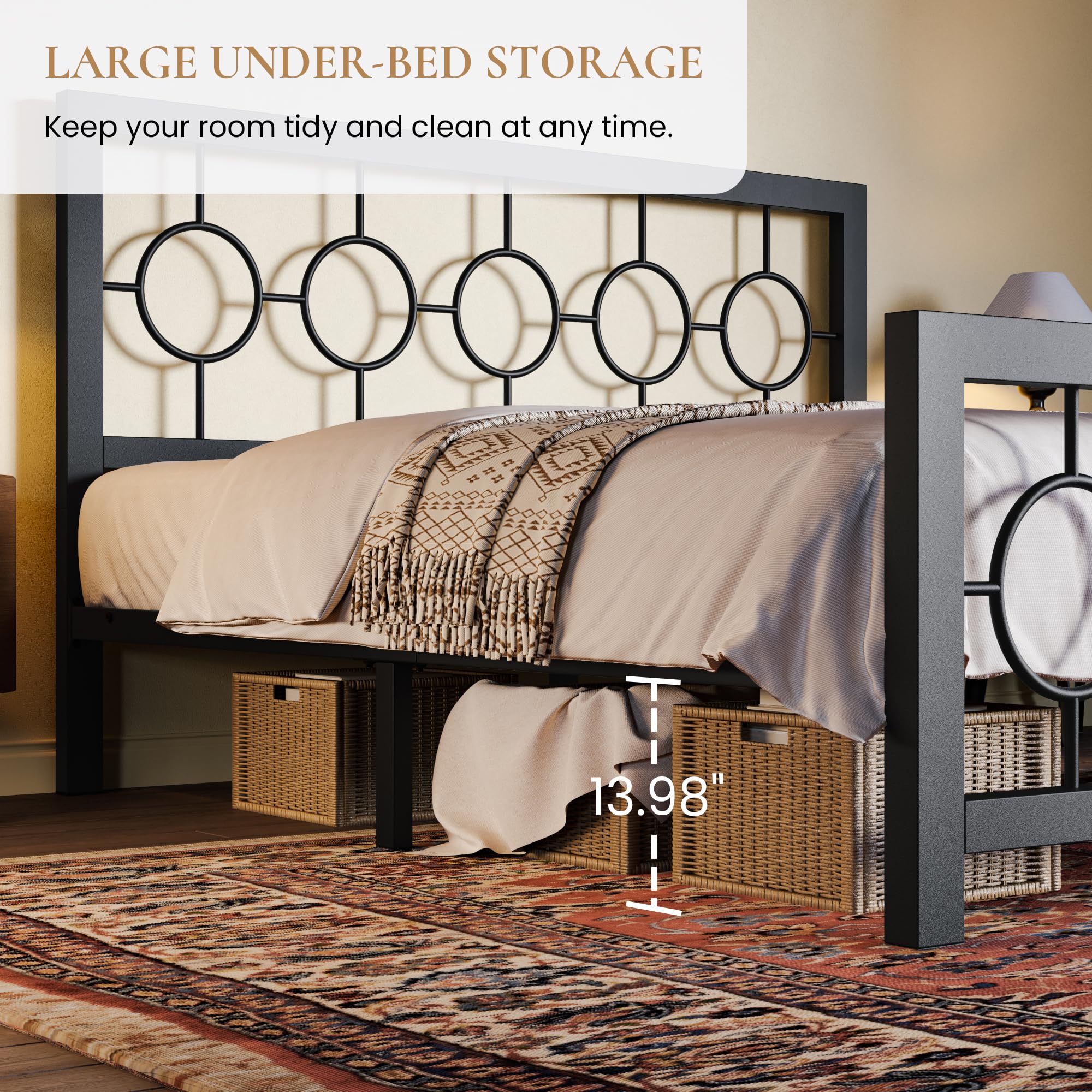 Queen Size Metal Bed Frame with Vintage Circular Design Headboard and Footboard