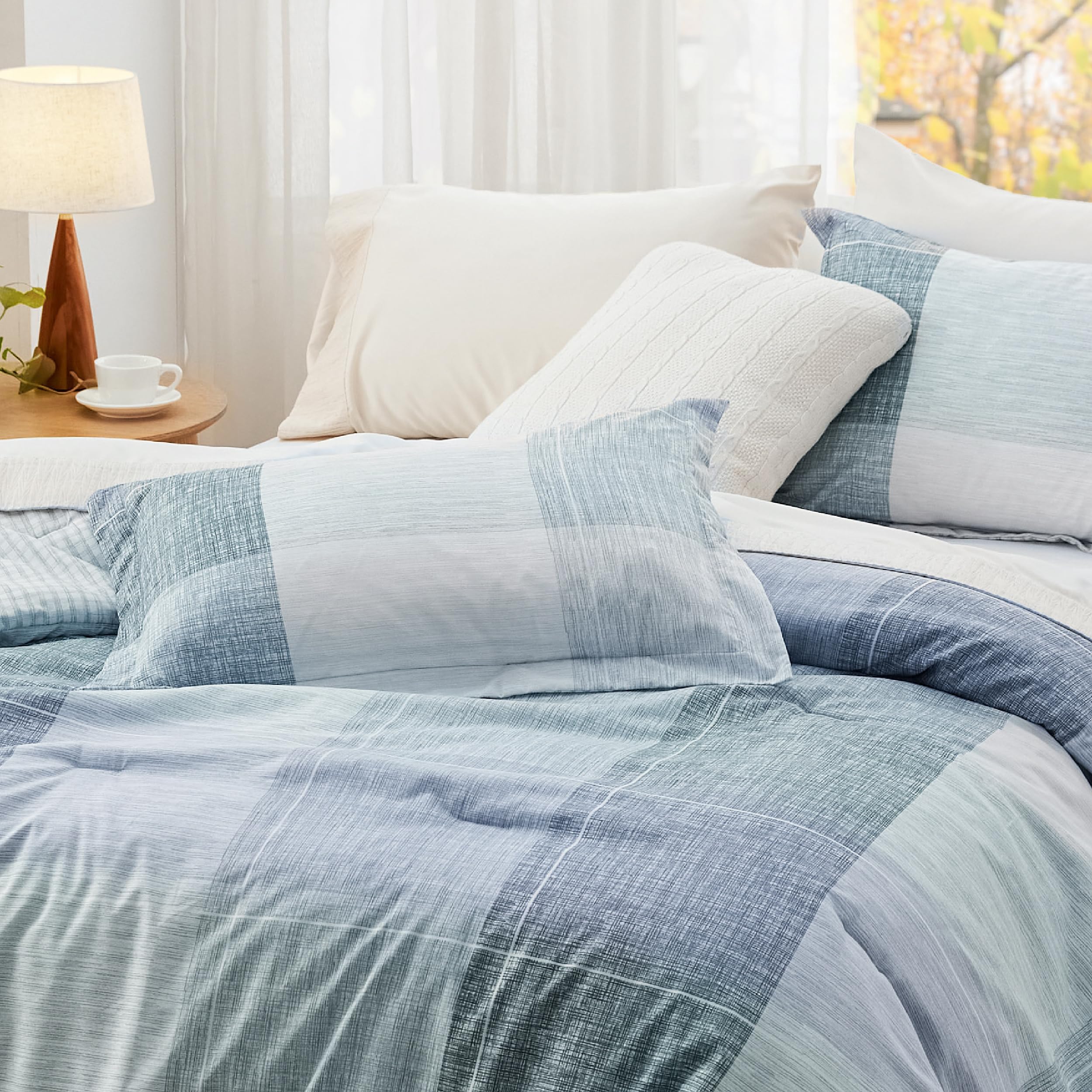 Plaid Comforter Set - Bedding Comforter Set Queen, Reversible Blue Buffalo