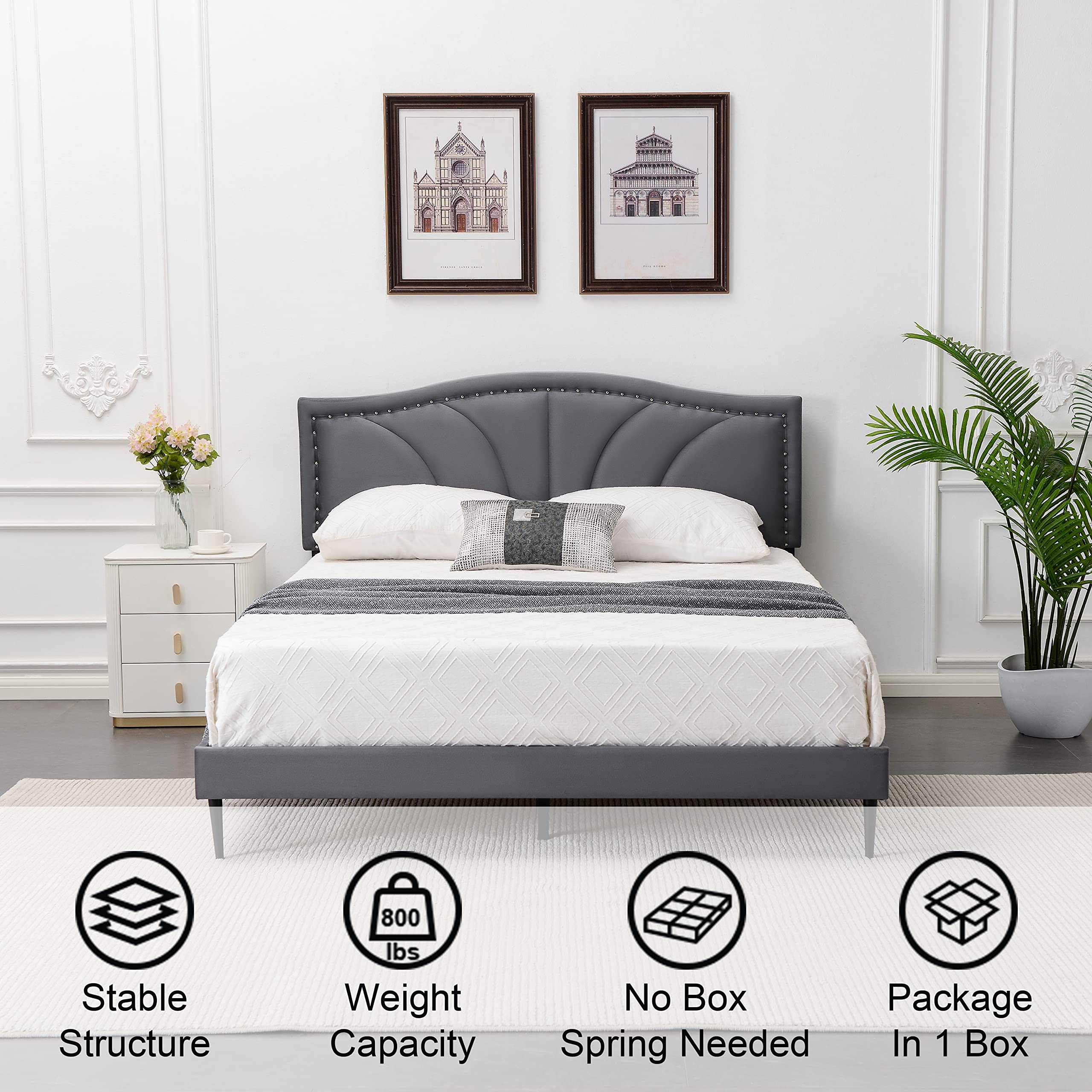 King Size Bed Frame Velvet Upholstered Platform Bed with Decorative Line & Nailhead