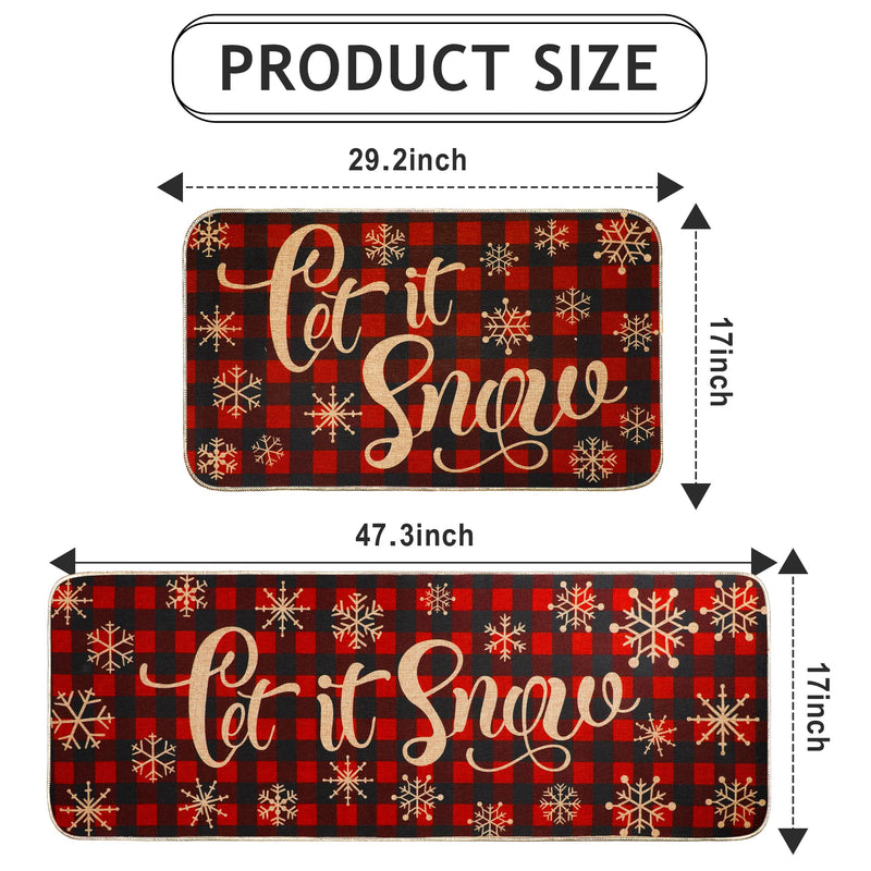 Christmas Kitchen Rug Sets 2 Piece Let It Snow Christmas Plaid Waterproof Non-Slip Kitchen Mats