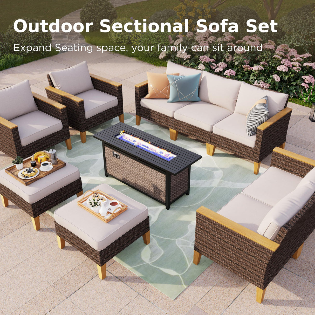 8-Piece Outdoor Sectional Patio Conversation Set with 56" Gas Fire Pit Table Table