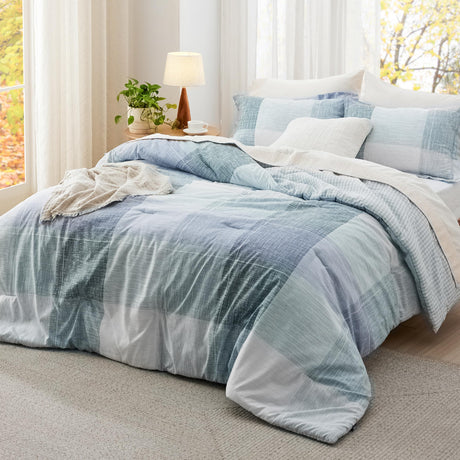 Plaid Comforter Set - Bedding Comforter Set Queen, Reversible Blue Buffalo