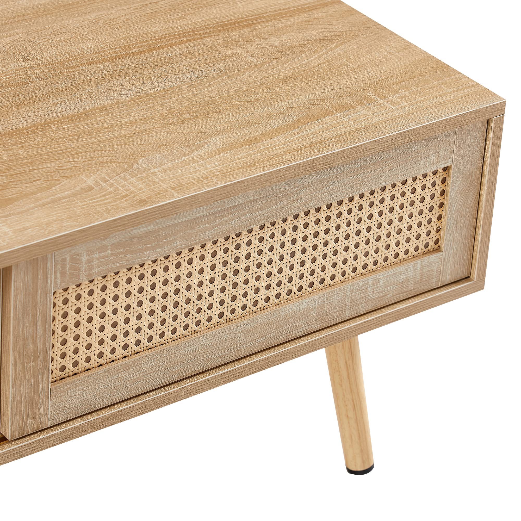 Mid Century Modern Coffee Table with Storage, 41.3 Inch Rectangle Wooden Accent Center Sofa Table with Sliding PE Rattan Woven Door Panel