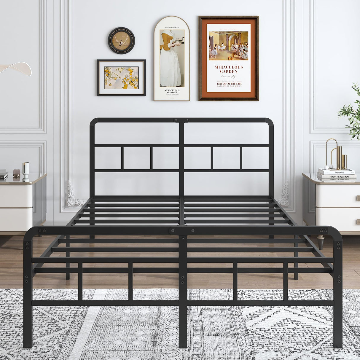 Queen Size Metal Bed Frame with Headboard and Footboard, 14 Inch Black Heavy Duty Mattress