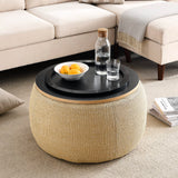 Modern Round Storage Ottoman with Wooden Lid