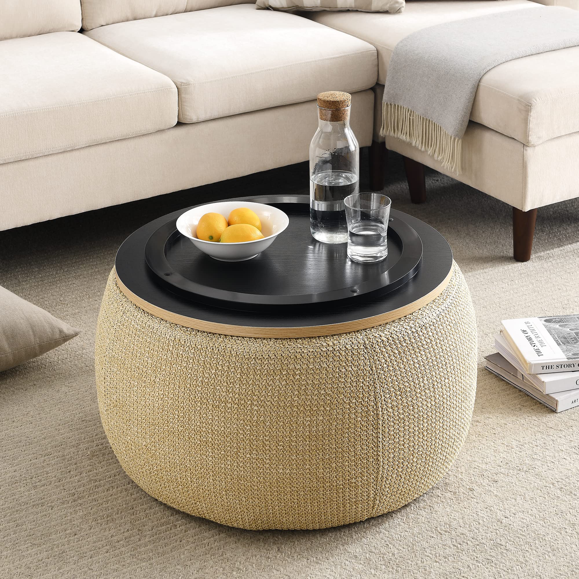 Modern Round Storage Ottoman with Wooden Lid
