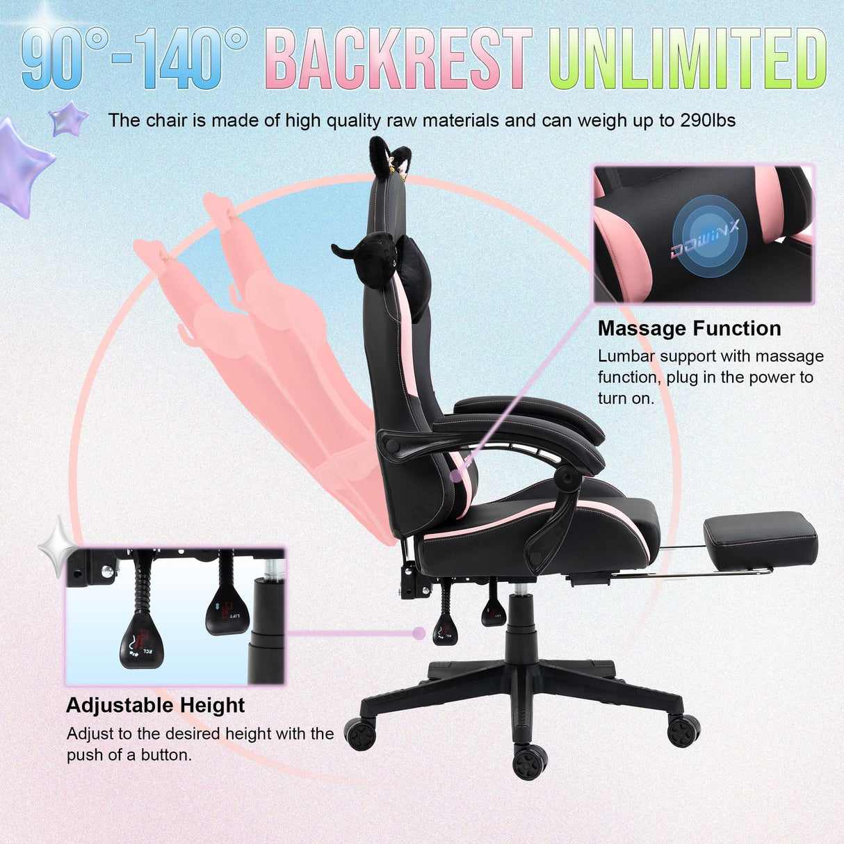 Gaming Chair Cute with Cat Ears and Massage Lumbar Support