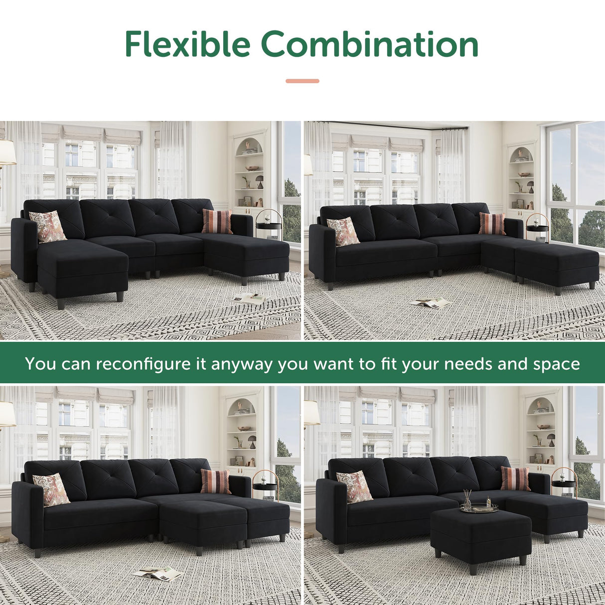 U Shaped Sectional Couch Velvet 4 Seater Sofa