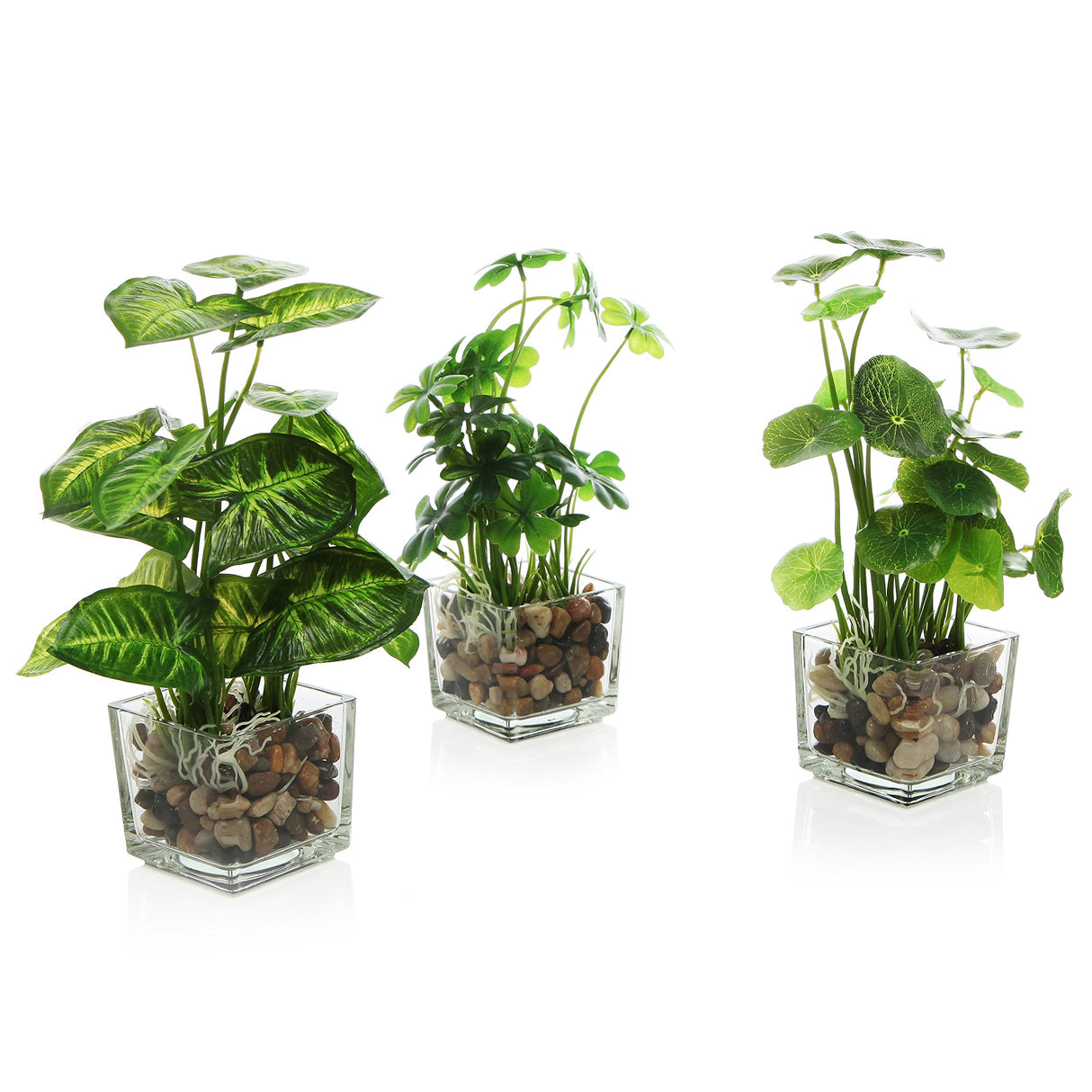 Set of 3 Artificial Plants, Faux Tabletop Greenery w/Clear Glass Pots