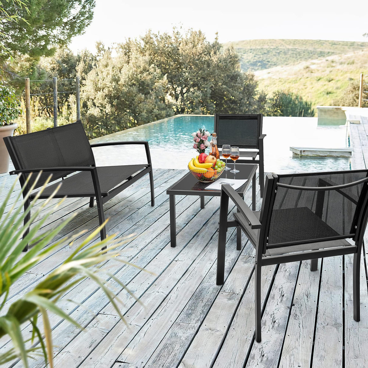 4 Pieces Outdoor Patio Furniture Textilene Modern Conversation Black Bistro Set