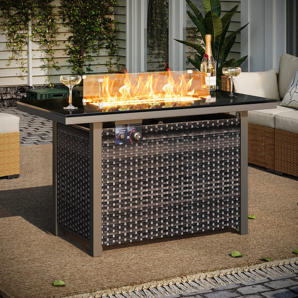 Fire Pit Table - 43 Inch Outdoor Rattan Propane Gas Fire Pit with Glass Wind Guard