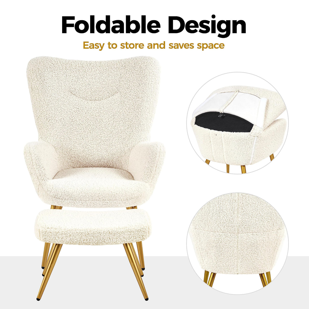 Accent Chair and Ottoman Set, Sherpa Armchair with Golden Metal Legs