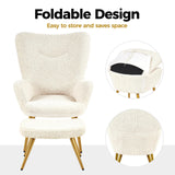 Accent Chair and Ottoman Set, Sherpa Armchair with Golden Metal Legs