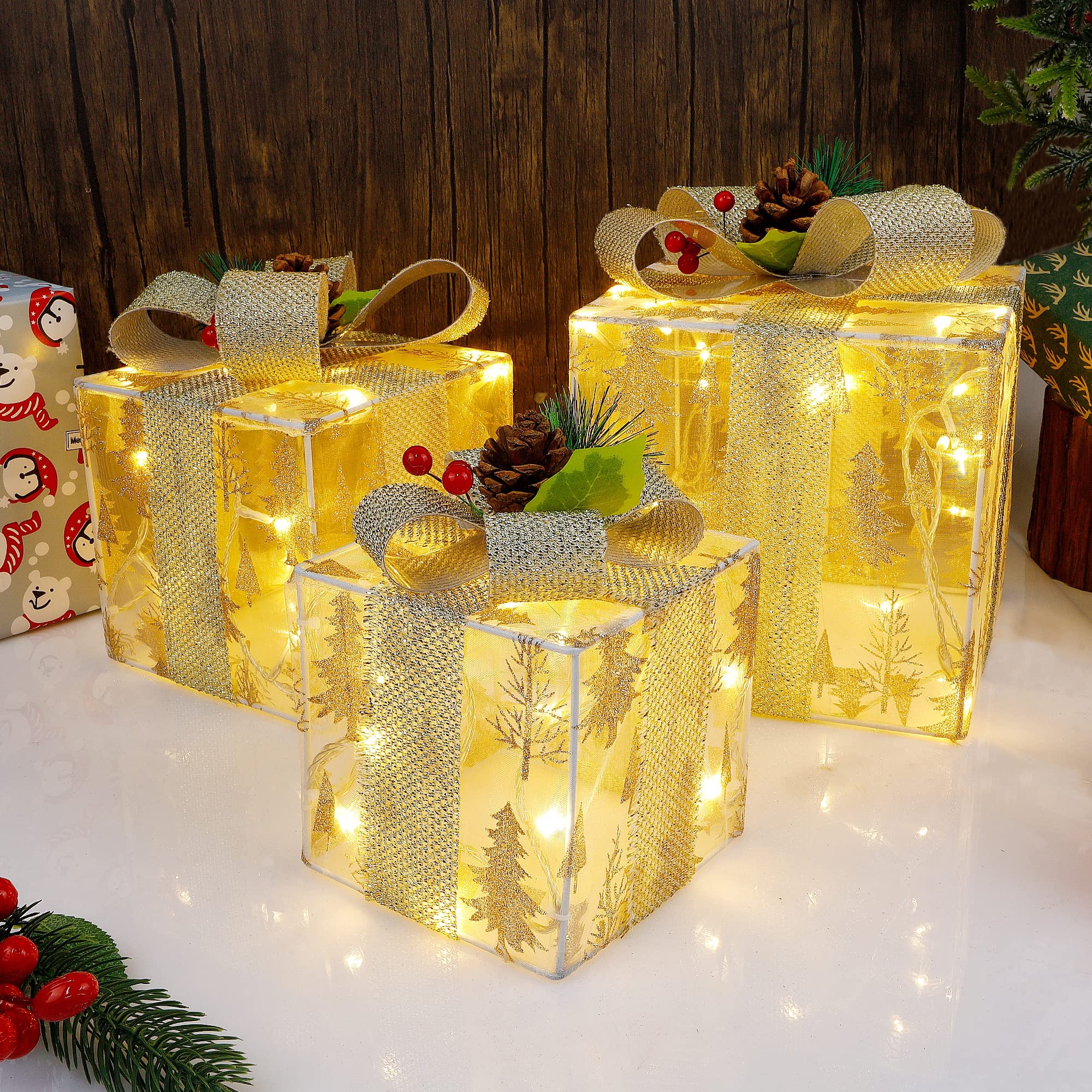 Set of 3 Christmas Lighted Gift Boxes