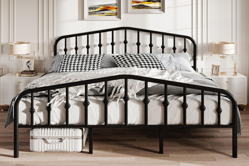 King Size Metal Platform Bed Frame with Vintage Style Wrought Iron Headboard