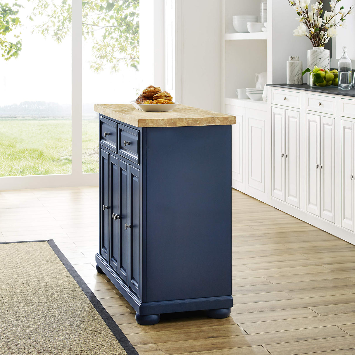 Madison Kitchen Island with Butcher Block Top, Navy