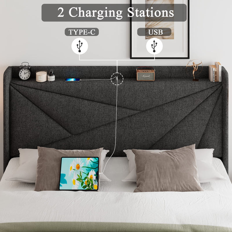 Queen Size Bed Frame with Type-C & USB Ports, Upholstered Platform Bed Frame